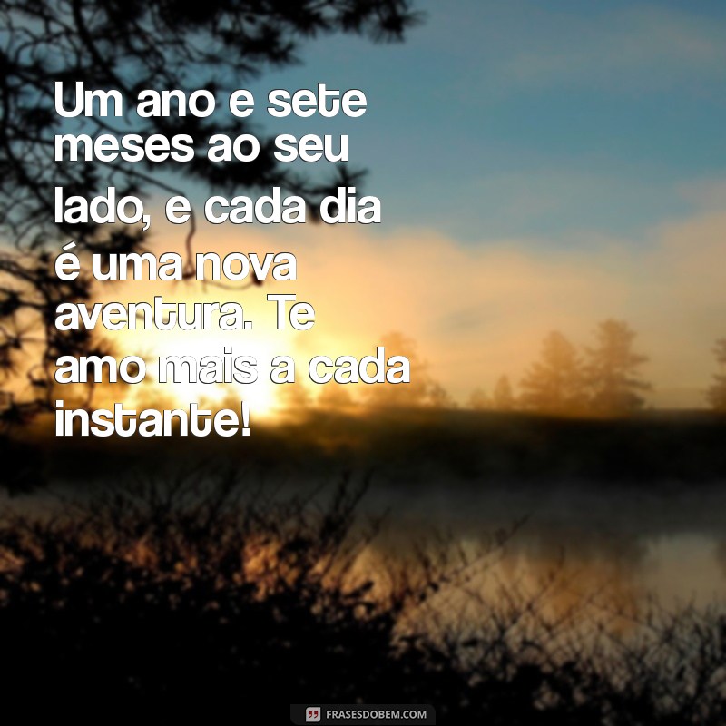 mensagem de 1 ano e 7 meses de namoro Um ano e sete meses ao seu lado, e cada dia é uma nova aventura. Te amo mais a cada instante!