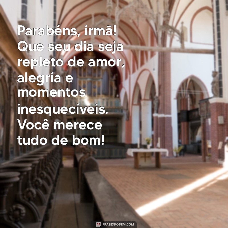 mensagem feliz aniversário para irmã Parabéns, irmã! Que seu dia seja repleto de amor, alegria e momentos inesquecíveis. Você merece tudo de bom!