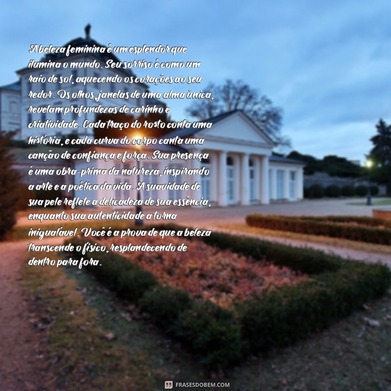 100 palavras de elogios de beleza feminina A beleza feminina é um esplendor que ilumina o mundo. Seu sorriso é como um raio de sol, aquecendo os corações ao seu redor. Os olhos, janelas de uma alma única, revelam profundezas de carinho e criatividade. Cada traço do rosto conta uma história, e cada curva do corpo canta uma canção de confiança e força. Sua presença é uma obra-prima da natureza, inspirando a arte e a poética da vida. A suavidade de sua pele reflete a delicadeza de sua essência, enquanto sua autenticidade a torna inigualável. Você é a prova de que a beleza transcende o físico, resplandecendo de dentro para fora.