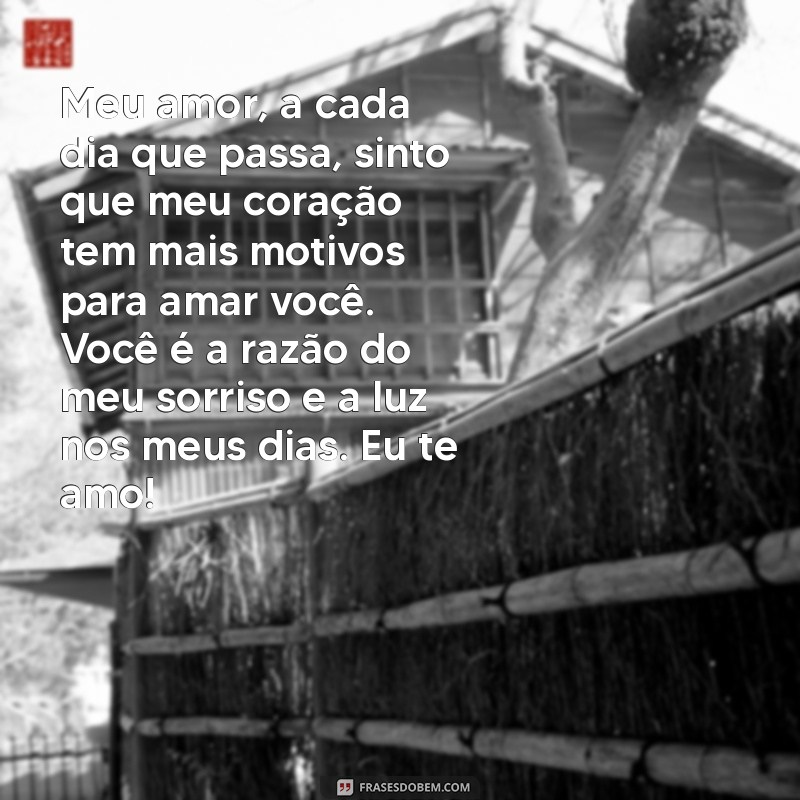 eu te amo texto para namorada Meu amor, a cada dia que passa, sinto que meu coração tem mais motivos para amar você. Você é a razão do meu sorriso e a luz nos meus dias. Eu te amo!