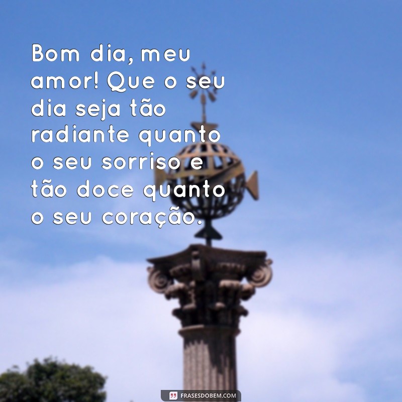 bom dia amor texto Bom dia, meu amor! Que o seu dia seja tão radiante quanto o seu sorriso e tão doce quanto o seu coração.