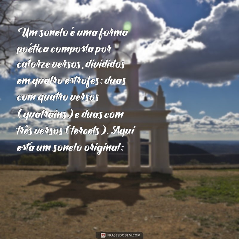 um soneto Um soneto é uma forma poética composta por catorze versos, divididos em quatro estrofes: duas com quatro versos (quatrains) e duas com três versos (tercets). Aqui está um soneto original: