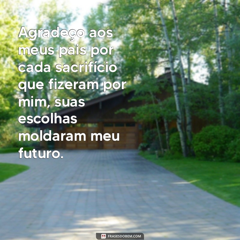 frases de gratidão aos pais Agradeço aos meus pais por cada sacrifício que fizeram por mim, suas escolhas moldaram meu futuro.