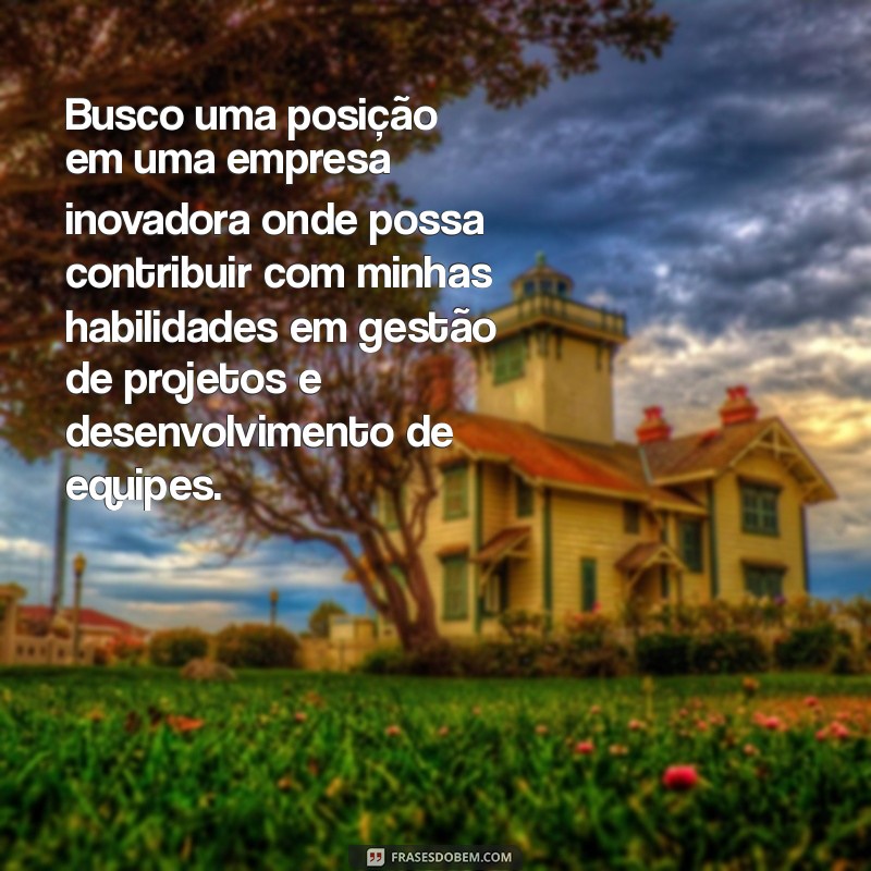 texto para objetivo no curriculo Busco uma posição em uma empresa inovadora onde possa contribuir com minhas habilidades em gestão de projetos e desenvolvimento de equipes.