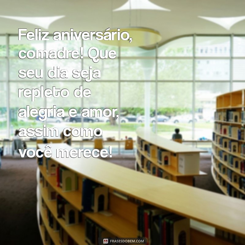 mensagem de feliz aniversário para minha comadre Feliz aniversário, comadre! Que seu dia seja repleto de alegria e amor, assim como você merece!