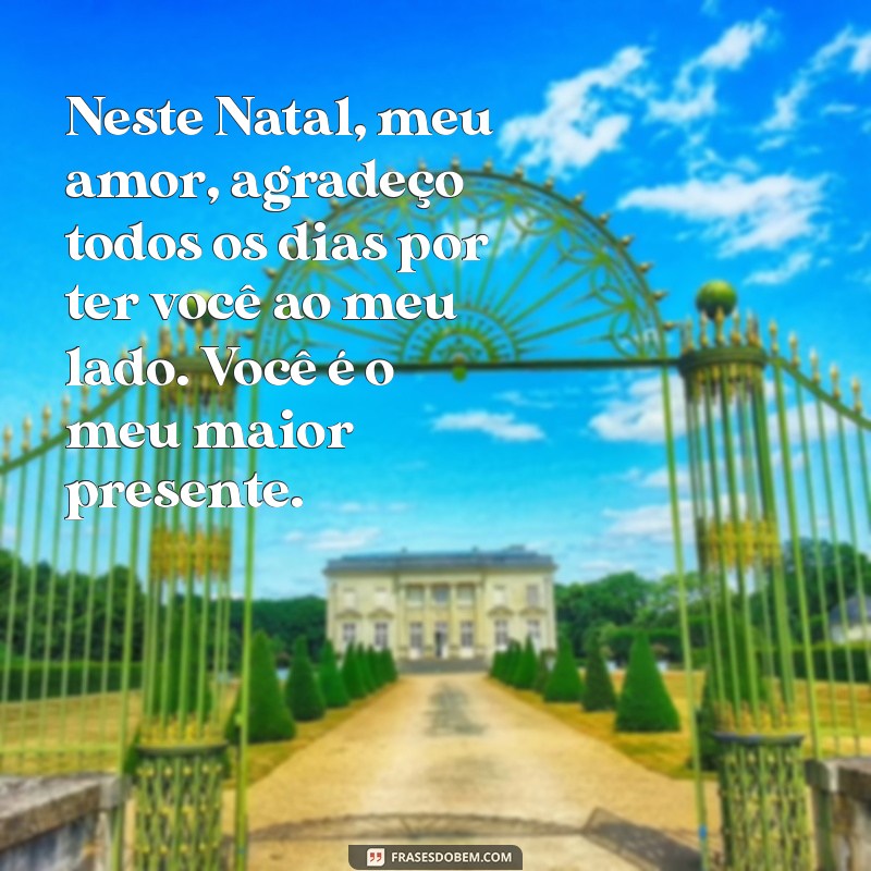 frases de natal para esposa Neste Natal, meu amor, agradeço todos os dias por ter você ao meu lado. Você é o meu maior presente.