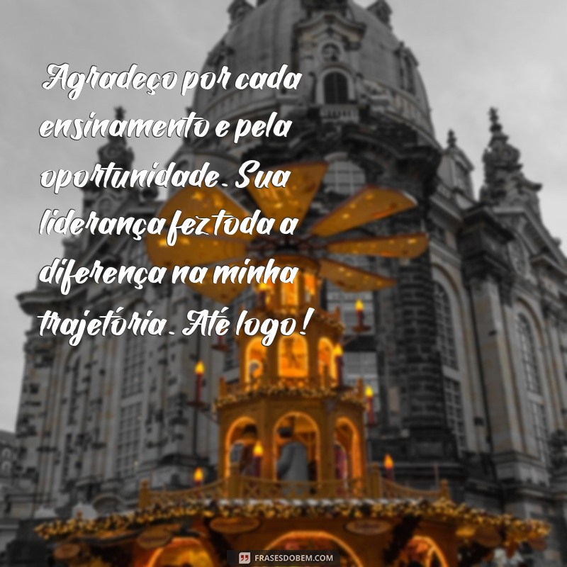 mensagem despedida chefe Agradeço por cada ensinamento e pela oportunidade. Sua liderança fez toda a diferença na minha trajetória. Até logo!