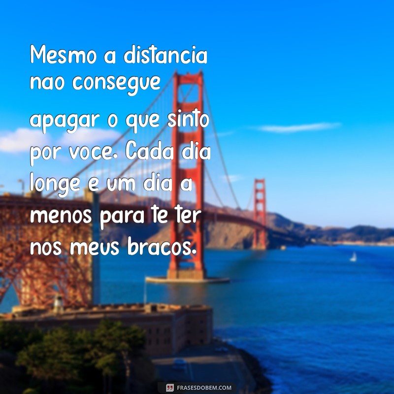 mensagem de amor para namorada distante Mesmo a distância não consegue apagar o que sinto por você. Cada dia longe é um dia a menos para te ter nos meus braços.