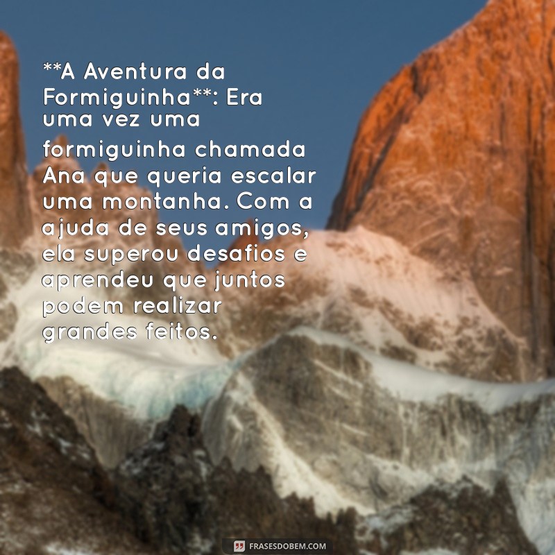 histórias para contar para bebê **A Aventura da Formiguinha**: Era uma vez uma formiguinha chamada Ana que queria escalar uma montanha. Com a ajuda de seus amigos, ela superou desafios e aprendeu que juntos podem realizar grandes feitos.