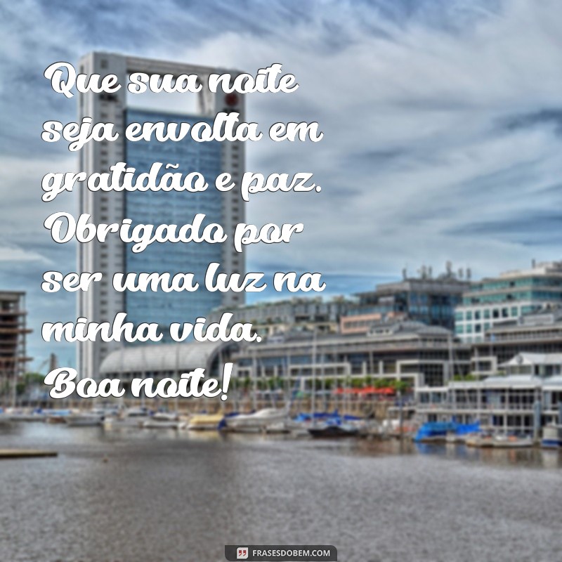 mensagem de agradecimento e boa noite Que sua noite seja envolta em gratidão e paz. Obrigado por ser uma luz na minha vida. Boa noite!