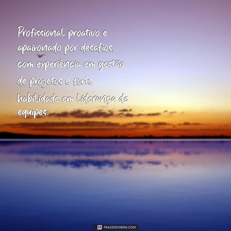 descrições pessoais para curriculo Profissional proativo e apaixonado por desafios, com experiência em gestão de projetos e forte habilidade em liderança de equipes.