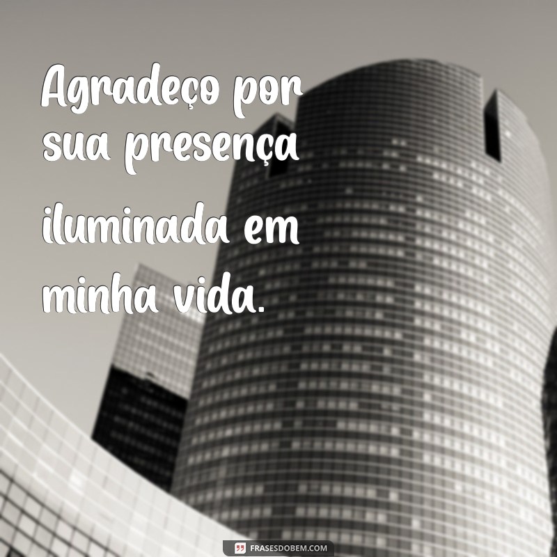 frases de gratidão a uma pessoa Agradeço por sua presença iluminada em minha vida.