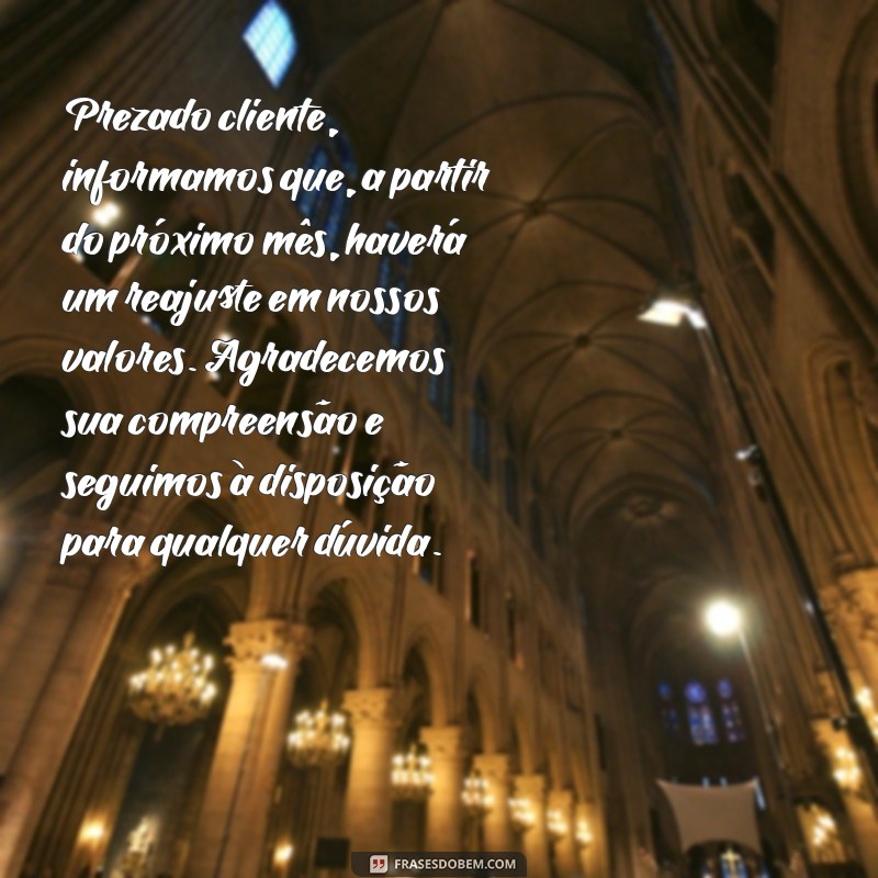 mensagem de reajuste de valores para clientes Prezado cliente, informamos que, a partir do próximo mês, haverá um reajuste em nossos valores. Agradecemos sua compreensão e seguimos à disposição para qualquer dúvida.