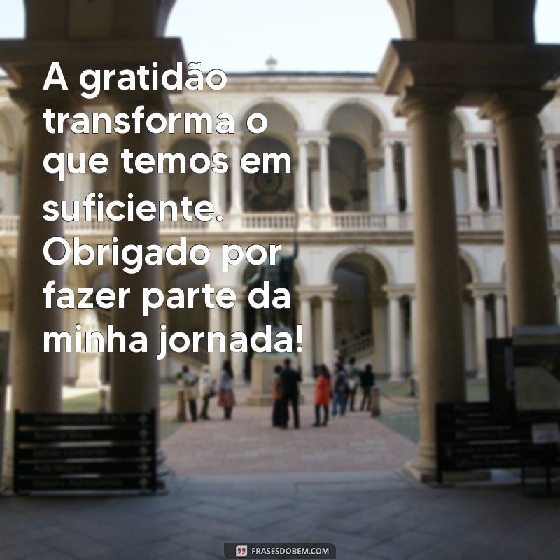 mensagem agradecendo A gratidão transforma o que temos em suficiente. Obrigado por fazer parte da minha jornada!