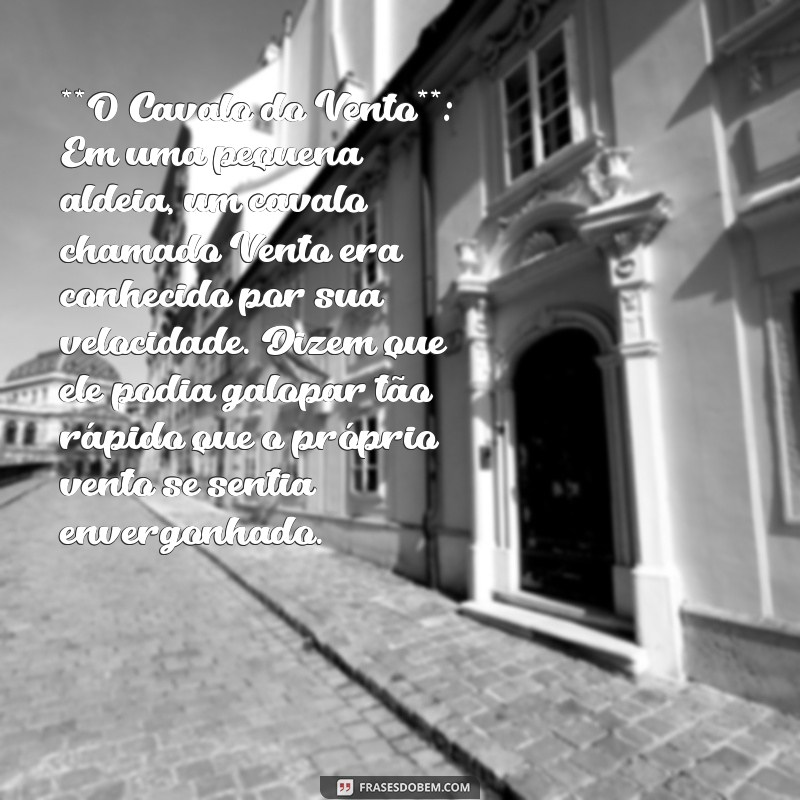 história do cavalo **O Cavalo do Vento**: Em uma pequena aldeia, um cavalo chamado Vento era conhecido por sua velocidade. Dizem que ele podia galopar tão rápido que o próprio vento se sentia envergonhado.