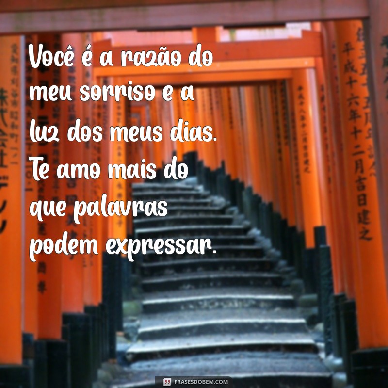 mensagem de amor pro meu marido Você é a razão do meu sorriso e a luz dos meus dias. Te amo mais do que palavras podem expressar.