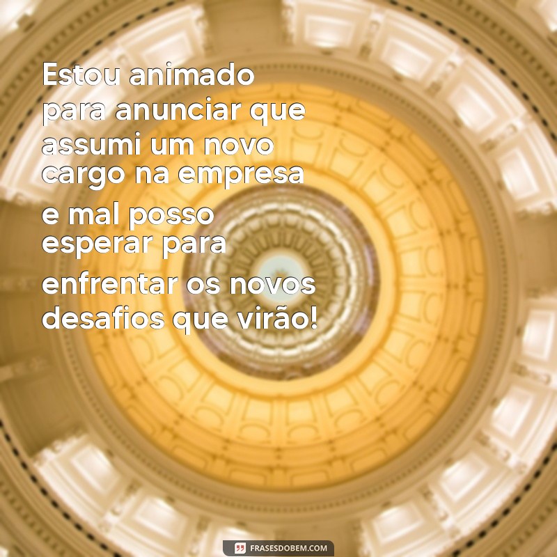 mensagem de mudança de cargo na empresa Estou animado para anunciar que assumi um novo cargo na empresa e mal posso esperar para enfrentar os novos desafios que virão!