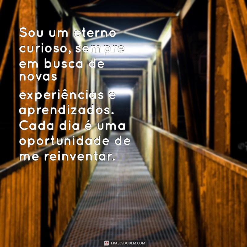 textos sobre mim Sou um eterno curioso, sempre em busca de novas experiências e aprendizados. Cada dia é uma oportunidade de me reinventar.