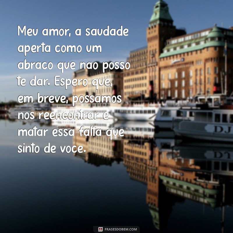 cartas para presos saudades amor Meu amor, a saudade aperta como um abraço que não posso te dar. Espero que, em breve, possamos nos reencontrar e matar essa falta que sinto de você.