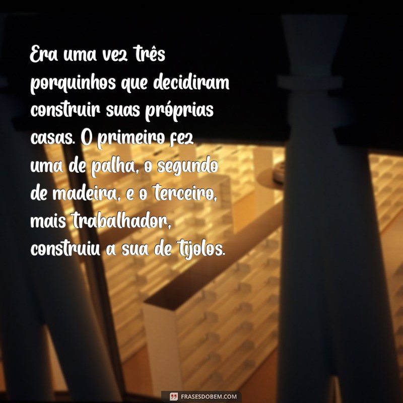 história dos tres porquinho Era uma vez três porquinhos que decidiram construir suas próprias casas. O primeiro fez uma de palha, o segundo de madeira, e o terceiro, mais trabalhador, construiu a sua de tijolos.