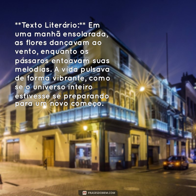 texto literário e texto não literário **Texto Literário:** Em uma manhã ensolarada, as flores dançavam ao vento, enquanto os pássaros entoavam suas melodias. A vida pulsava de forma vibrante, como se o universo inteiro estivesse se preparando para um novo começo.