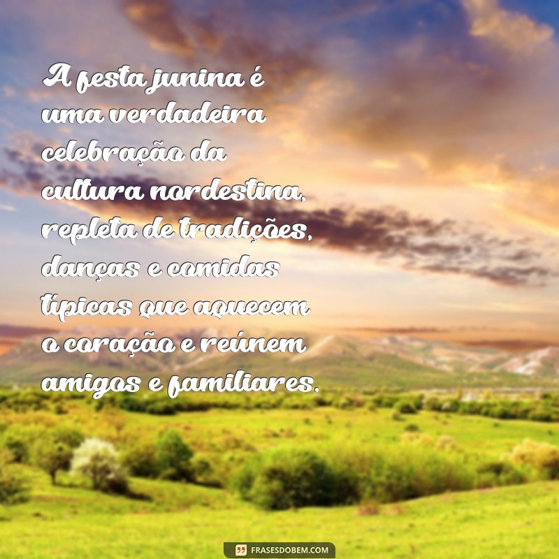 texto sobre festa junina A festa junina é uma verdadeira celebração da cultura nordestina, repleta de tradições, danças e comidas típicas que aquecem o coração e reúnem amigos e familiares.