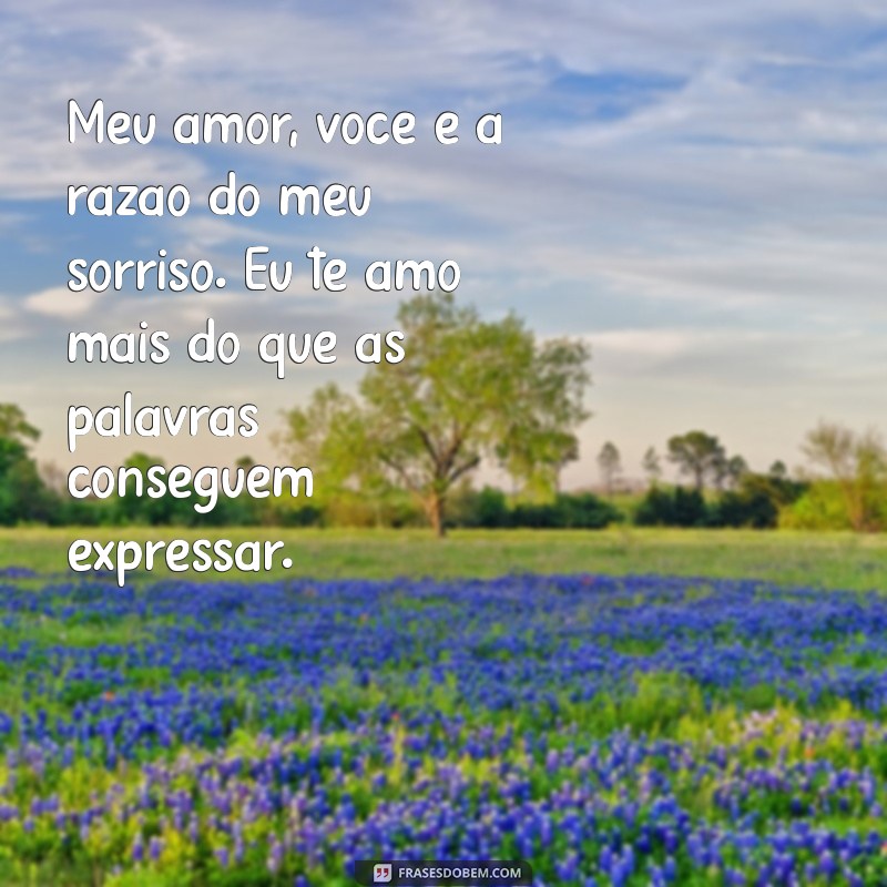 mensagem para namorada eu te amo Meu amor, você é a razão do meu sorriso. Eu te amo mais do que as palavras conseguem expressar.