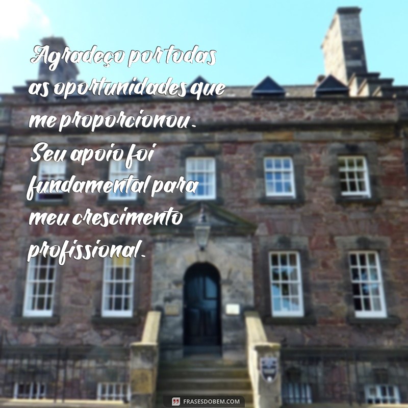 mensagem de agradecimento para ex patroa Agradeço por todas as oportunidades que me proporcionou. Seu apoio foi fundamental para meu crescimento profissional.