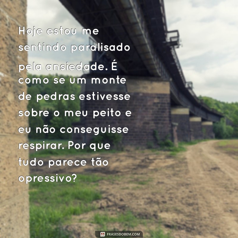 texto ansiedade desabafo Hoje estou me sentindo paralisado pela ansiedade. É como se um monte de pedras estivesse sobre o meu peito e eu não conseguisse respirar. Por que tudo parece tão opressivo?