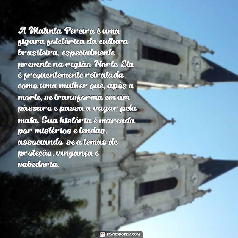 lenda da matinta pereira resumo A Matinta Pereira é uma figura folclórica da cultura brasileira, especialmente presente na região Norte. Ela é frequentemente retratada como uma mulher que, após a morte, se transforma em um pássaro e passa a vagar pela mata. Sua história é marcada por mistérios e lendas, associando-se a temas de proteção, vingança e sabedoria.