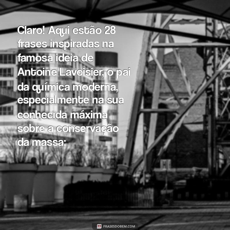 frases de lavoisier Claro! Aqui estão 28 frases inspiradas na famosa ideia de Antoine Lavoisier, o pai da química moderna, especialmente na sua conhecida máxima sobre a conservação da massa: