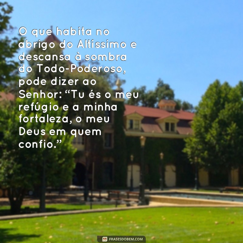 frases de salmos 91 O que habita no abrigo do Altíssimo e descansa à sombra do Todo-Poderoso, pode dizer ao Senhor: “Tu és o meu refúgio e a minha fortaleza, o meu Deus em quem confio.”