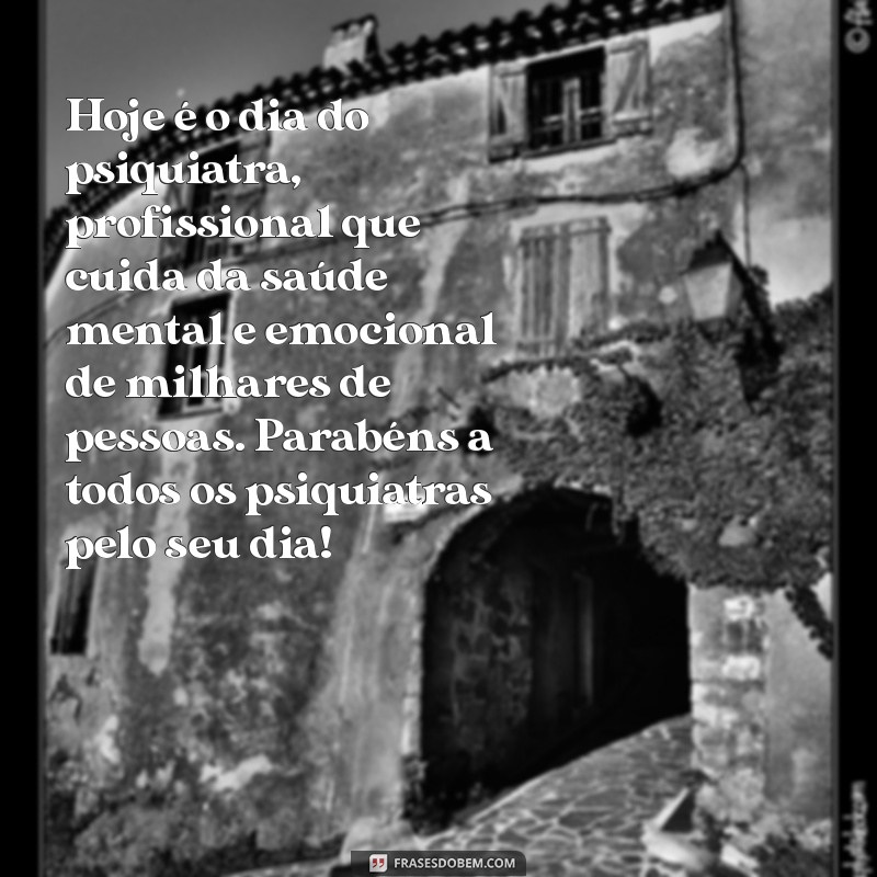 dia do psiquiatra mensagem Hoje é o dia do psiquiatra, profissional que cuida da saúde mental e emocional de milhares de pessoas. Parabéns a todos os psiquiatras pelo seu dia!