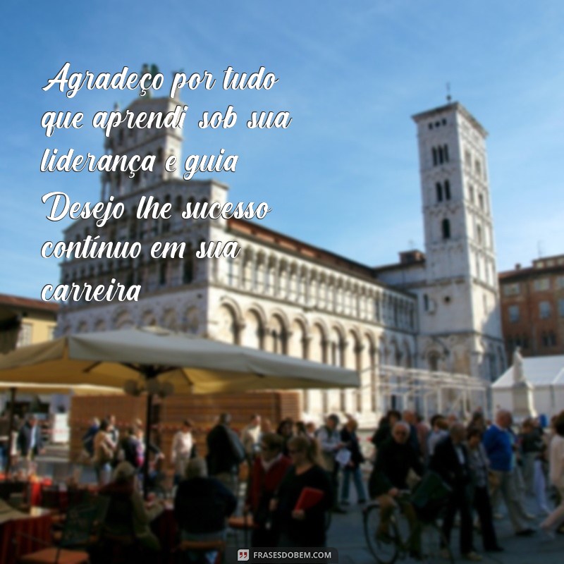 mensagem para ex chefe Agradeço por tudo que aprendi sob sua liderança e guia. Desejo-lhe sucesso contínuo em sua carreira.