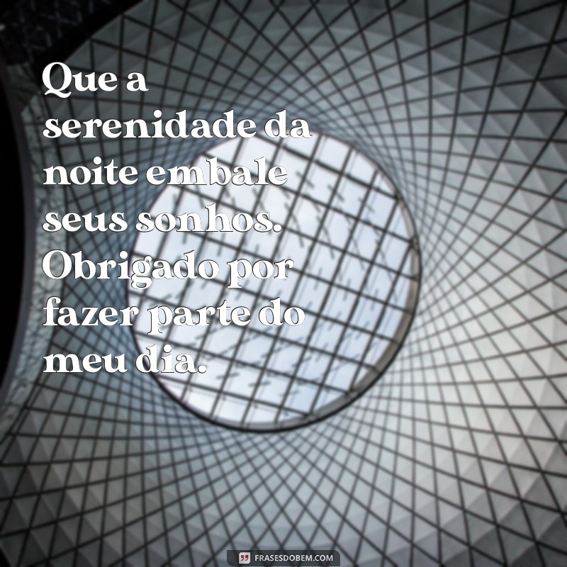 mensagem de boa noite e agradecimento Que a serenidade da noite embale seus sonhos. Obrigado por fazer parte do meu dia.