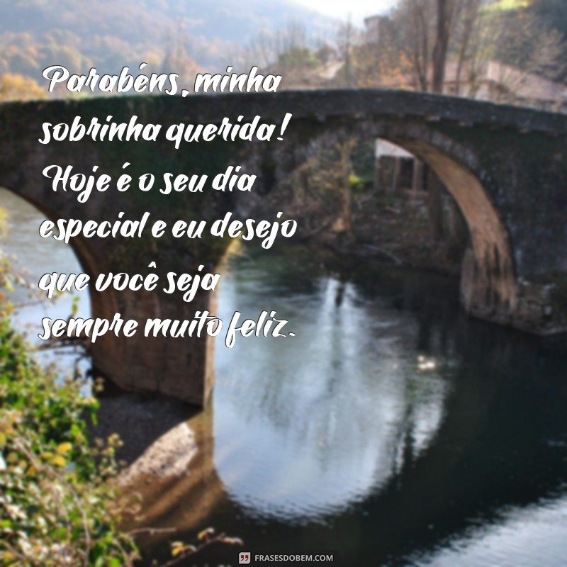 frases parabéns sobrinha querida Parabéns, minha sobrinha querida! Hoje é o seu dia especial e eu desejo que você seja sempre muito feliz.