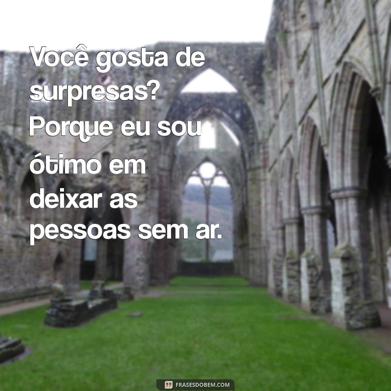 piadas de duplo sentido maliciosas Você gosta de surpresas? Porque eu sou ótimo em deixar as pessoas sem ar.