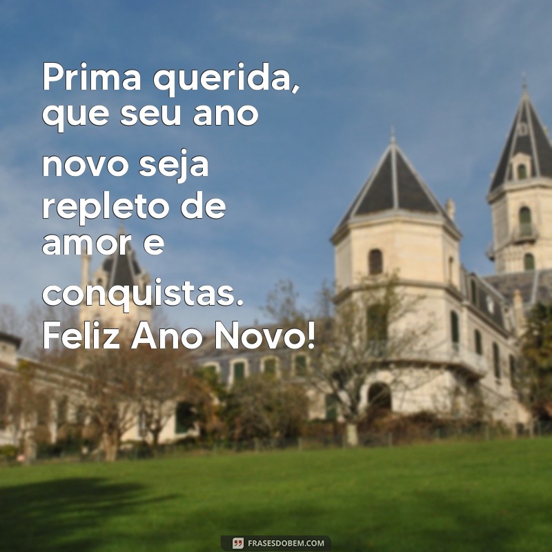 feliz ano novo para prima Prima querida, que seu ano novo seja repleto de amor e conquistas. Feliz Ano Novo!