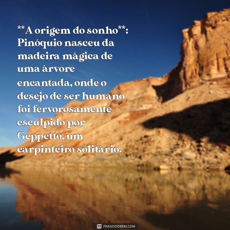 história pinoquio **A origem do sonho**: Pinóquio nasceu da madeira mágica de uma árvore encantada, onde o desejo de ser humano foi fervorosamente esculpido por Geppetto, um carpinteiro solitário.