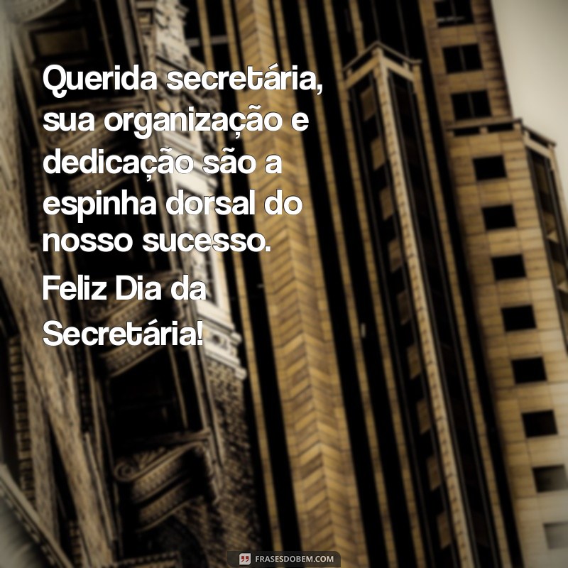 dia da secretaria mensagem Querida secretária, sua organização e dedicação são a espinha dorsal do nosso sucesso. Feliz Dia da Secretária!