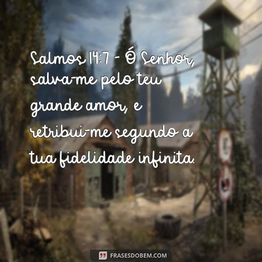 Esperando em Deus: Versículos Bíblicos Para Ajudar na Sua Fé Salmos 14:7 - Ó Senhor, salva-me pelo teu grande amor, e retribui-me segundo a tua fidelidade infinita.