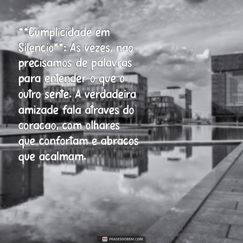 textos emocionantes de amizade **Cumplicidade em Silêncio**: Às vezes, não precisamos de palavras para entender o que o outro sente. A verdadeira amizade fala através do coração, com olhares que confortam e abraços que acalmam.