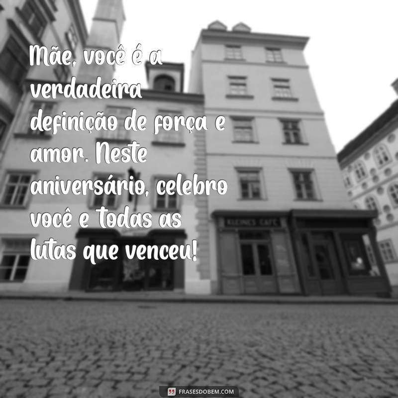 mensagem de aniversário para mãe guerreira Mãe, você é a verdadeira definição de força e amor. Neste aniversário, celebro você e todas as lutas que venceu!