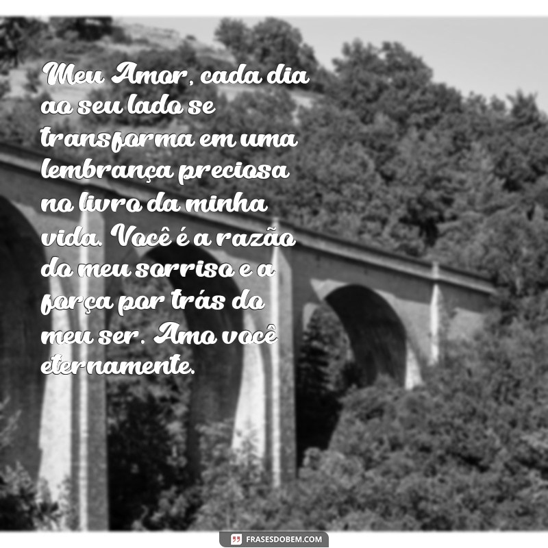 carta de amor para marido Meu Amor, cada dia ao seu lado se transforma em uma lembrança preciosa no livro da minha vida. Você é a razão do meu sorriso e a força por trás do meu ser. Amo você eternamente.