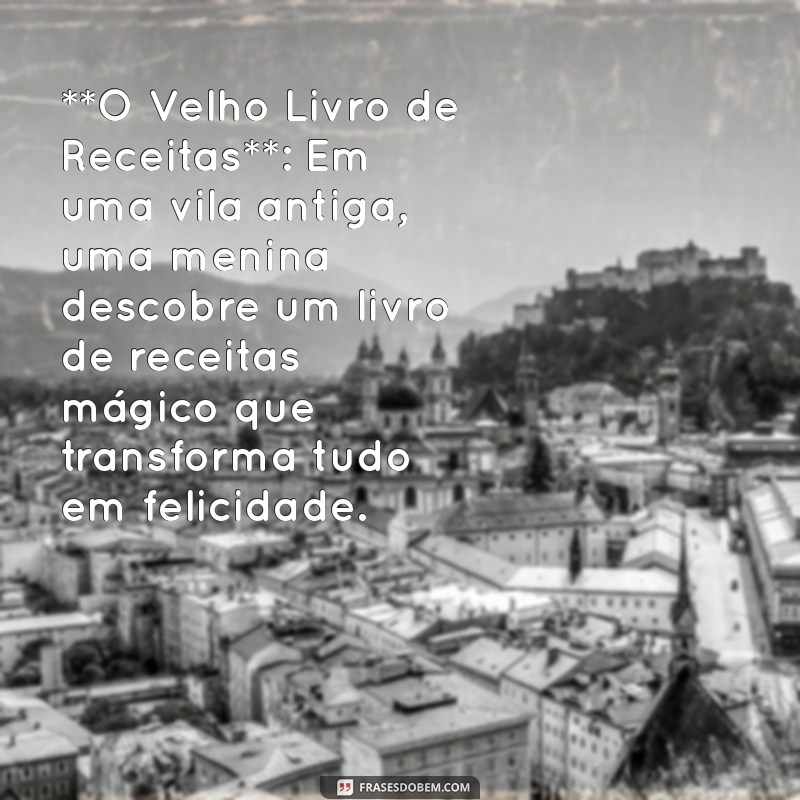 conto de história **O Velho Livro de Receitas**: Em uma vila antiga, uma menina descobre um livro de receitas mágico que transforma tudo em felicidade.