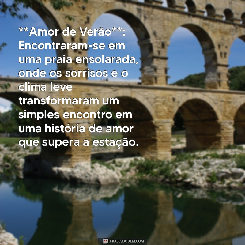 biografia de relacionamento **Amor de Verão**: Encontraram-se em uma praia ensolarada, onde os sorrisos e o clima leve transformaram um simples encontro em uma história de amor que supera a estação.