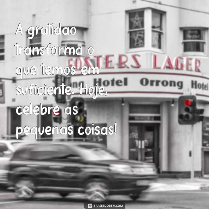 mensagem de otimismo e gratidão A gratidão transforma o que temos em suficiente. Hoje, celebre as pequenas coisas!