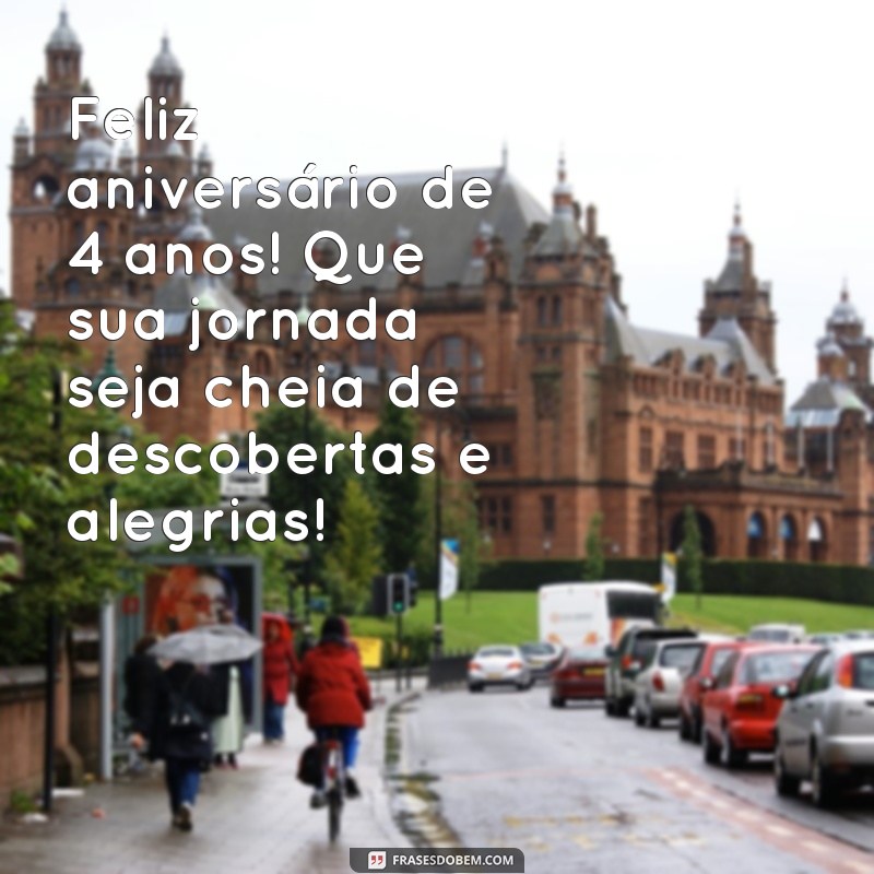 feliz aniversário de 4 anos Feliz aniversário de 4 anos! Que sua jornada seja cheia de descobertas e alegrias!