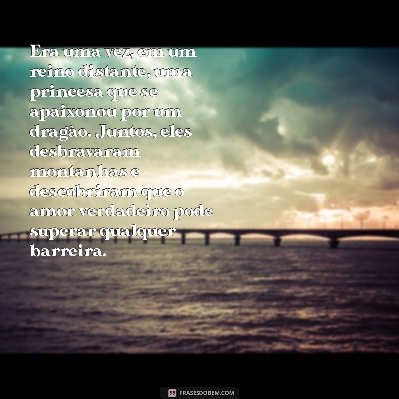 história de fada Era uma vez, em um reino distante, uma princesa que se apaixonou por um dragão. Juntos, eles desbravaram montanhas e descobriram que o amor verdadeiro pode superar qualquer barreira.