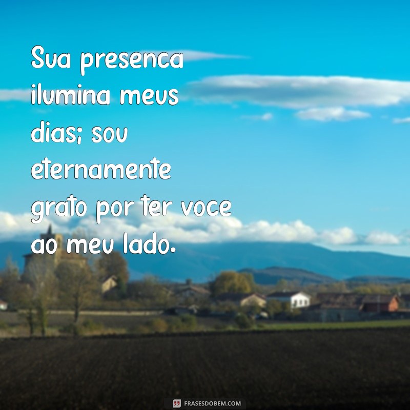 mensagem de empatia e gratidão Sua presença ilumina meus dias; sou eternamente grato por ter você ao meu lado.